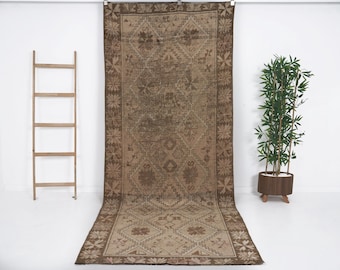 Long Wide Vintage Runner Rug | Turkish Runner Rug | Faded Runner Rug | Runner Rug 4x10|  Neutral Rug | Kitchen  Rug |