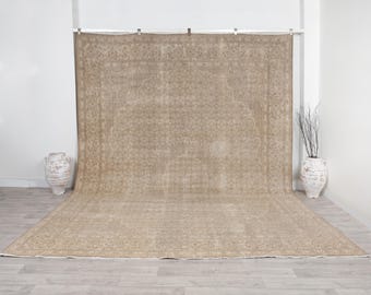 アンティークベージュのトルコ製ウシャク絨毯 10x12 大型ヴィンテージエリアラグ