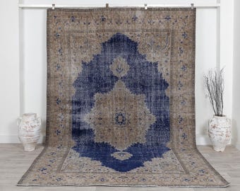 Tappeto turco antico Oushak, 7x11, blu navy effetto invecchiato.