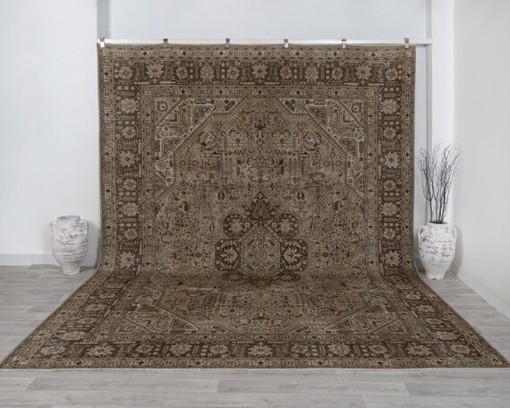 Vintage Persian Rug 10x12 Large Antique Turkish Oushak Carpet Rug, Handmade