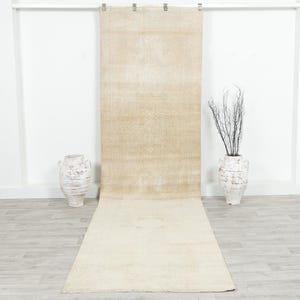 Faded Rug Runner 4x13, Turkish Oushak Vintage Rug Runner, Beige Rug Runner, Hallway rug, Entryway rug, Kitchen rug