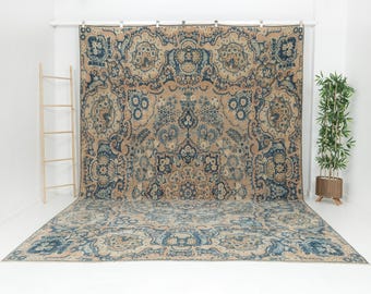 Large Handmade Turkish Oushak Rug 10x13: Vintage Neutral Area Rug