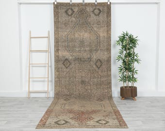 Turkish Vintage Oushak Runner Rug, Handmade Rug, Neutral Rug, Scandinavian Rug, Hallway Rug, Beige Runner Rug 4x12