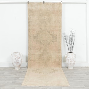 Muted Beige Faded Vintage Oushak Turkish Runner Rug 4x11