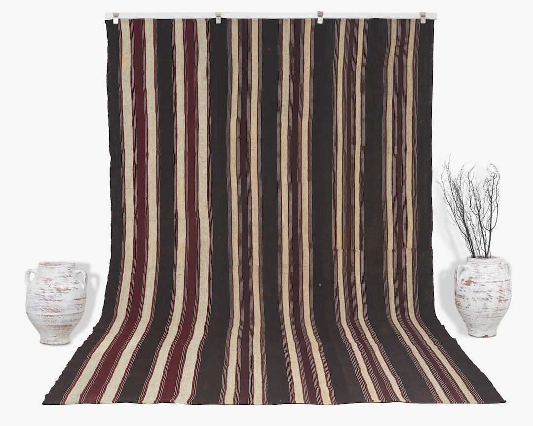 Vintage Turkish Kilim Rug: 7x11 Brown Striped Flat Weave Rug - Etsy