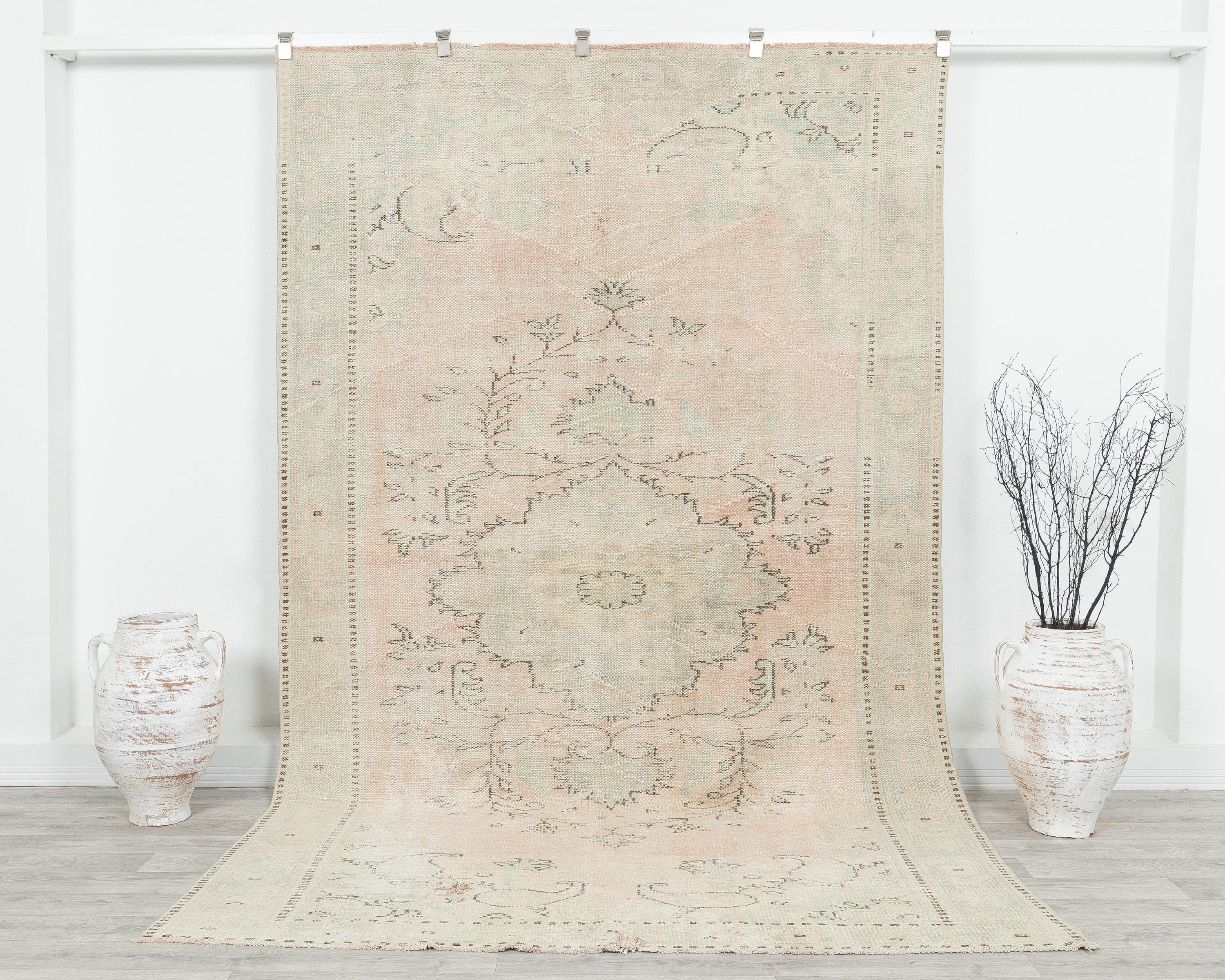 Handmade Vintage Turkish Oushak Rug: Neutral Beige Area Rug 6x10