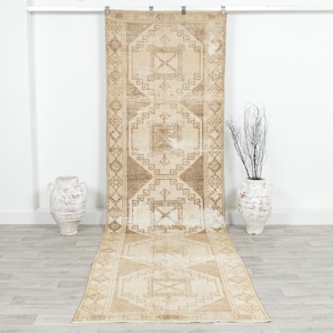 Wool Runner Rug 4x13 , Hallway rug, Turkish Oushak Vintage Runner rug, Faded rug ,Neutral rug, Handmade rug, Stair rug, Kitchen rug, 14533