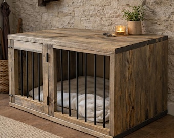 Dog Crate Furniture | Handmade Solid Reclaimed Wood Dog Crate | Custom Dog Kennel | Rustic Pet Crate | Bespoke Dog Crate Table