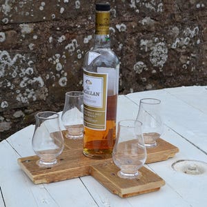 Reclaimed Wood Whisky Serving Flight | Rustic Scotch Tasting Tray, Glencairn Glasses