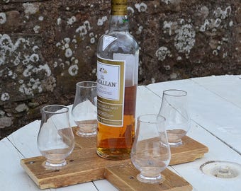 Reclaimed Wood Whisky Serving Flight | Rustic Scotch Tasting Tray, Glencairn Glasses