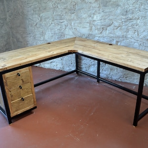 Industrial Corner Desk with Drawers, PC Workstation, Home Office, Bespoke Handmade Furniture Made to Measure in Scotland