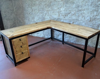 Industrial Corner Desk with Drawers, PC Workstation, Home Office, Bespoke Handmade Furniture Made to Measure in Scotland