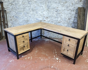 Industrial Corner Desk with Drawers | Handmade Reclaimed Wood L-Shaped Desk | Custom Home Office Furniture | Rustic Workstation