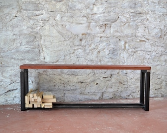Steel and Wood Bench with Shelf, Log Storage, Bespoke Handmade Industrial Furniture Made to Measure in Scotland