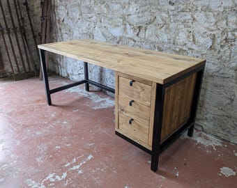 Reclaimed Wood Industrial Office Desk with Drawers • Handmade PC Workstation • Custom Made in Scotland