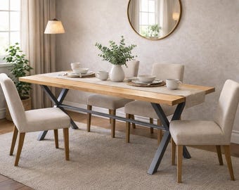 Reclaimed Wood Dining Table with Benches, X Frame Industrial Furniture