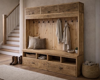 Hallway Bench with Coat Rack | Handmade Reclaimed Wood Entryway Storage Unit | Rustic Industrial Hall Tree | Custom Mudroom Furniture