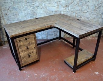 Industrial Corner Desk with Drawers & PC Shelf | Handmade Reclaimed Wood L-Shaped Desk | Custom Home Office Furniture | Rustic Workstation