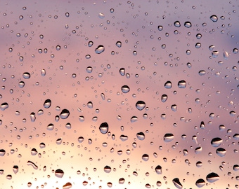 Arte abstrata de parede, impressão abstrata, fotografia abstrata - janela de gotas de chuva, gotas de chuva do pôr do sol, gotas de água, gotas metálicas líquidas