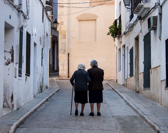 Spanish Wall Art, Travel Photography, Spain Print, Friendship, Best friends - Two elderly women arm in arm in the old town, Oliva, Spain