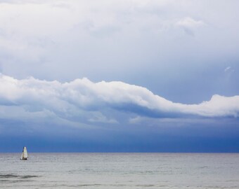 Sailboat Sea Wall Art, Ocean Sailing Photography, Boat Nautical Print, Mediterranean Coast Art - Sea, clouds & sky in Oliva, Valencia SPAIN