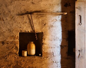 Farmhouse Photography, Rustic Wall Art, Travel Print, Bulgaria Photography - Rustic barn with stone walls, jars, tools, old wooden door