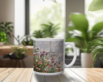 France Photo Mug, Travel Photography, Rustic France Coffee Cup - Mexican fleabane daisies in rustic pot, French cottage flowers, Loire