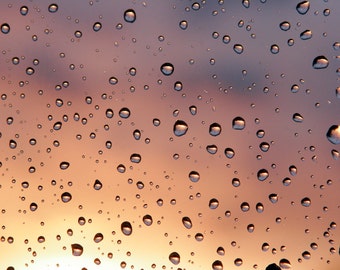 Arte de parede abstrata, impressão abstrata, fotografia abstrata - Janela de gotas de chuva, gotas de chuva do pôr do sol, gotas de água, gotas metálicas líquidas