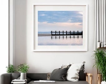 Seaside wall art, nautical travel photography, landscape photography - Beach wooden groynes seaside scene at Climping Beach, East Sussex, UK