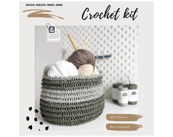 Basket crochet in large or small, diy, instructions in German, English, Dansk, France, tools included, crochet kit, home decoration, utensilo,