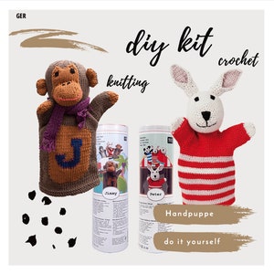 Hand puppet, crochet set, knitted set, incl. needles + yarn, figure, rico design, cotton, monkey, rabbit, to play and cuddle, gifts