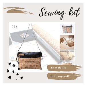Set de costura, kit de costura, set hecho a mano, polipiel con piel de corcho, bolso con cremallera, instrucciones de costura, kit de bricolaje, bolso con forro interior,