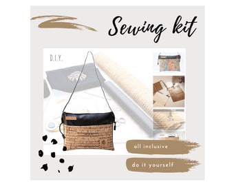 Sewing set, sewing kit, needlework set, imitation leather with cork leather, handbag with zipper, sewing instructions, diy kit, bag with inner lining,