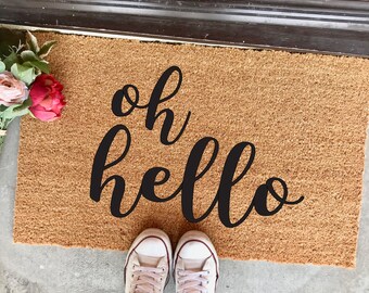 oh hello doormat - 18"x30" - script font - calligraphy - welcome mat - cute doormat - spring decor - apartment decor - housewarming gift