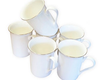 Set of 6 Fine Bone China Mugs with Gold Rim Gift Boxed Glossy White Cups