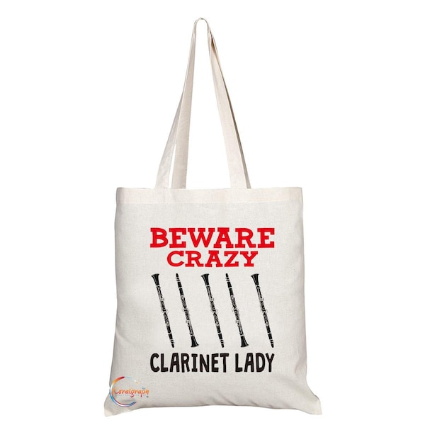 TB349 Beware Crazy Clarinet Lady Novelty Present Gift Printed Eco-Friendly Stylish Long Handled Tote Shoulder Bag