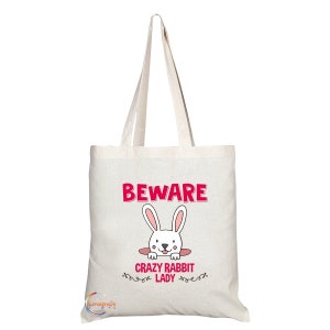 TB229 Vorsicht verrückte Kaninchen-Lady Neuheit vorhanden Geschenk gedruckt umweltfreundliche stilvolle lang behandelte Tote-Schultertasche