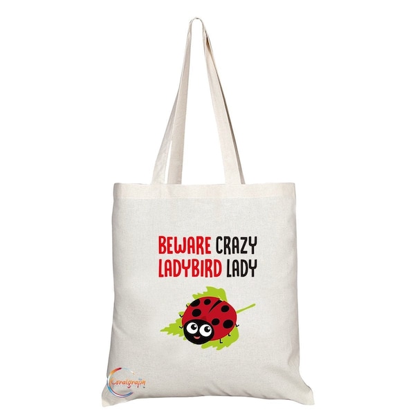 TB251 Méfiez-vous Crazy Ladybird Lady Novelty Present Gift Imprimé Écologique Élégant Long Handled Fourre-tout Sac à bandoulière