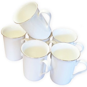 Set of 6 Fine Bone China Mugs with Gold Rim Gift Boxed Glossy White Cups