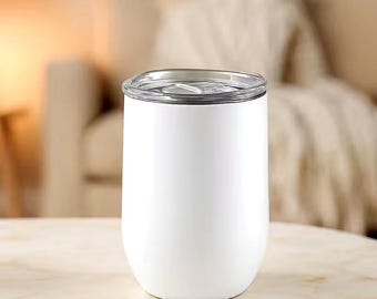 Vaso térmico de 355 ml con tapa – Copa de vino de acero inoxidable blanco / Taza de viaje de doble pared para bebidas frías y calientes