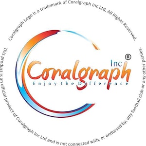 Puede incluir: Un logotipo blanco con el texto "Coralgraph Inc" en un dise&ntilde;o circular rojo, naranja y azul. El texto "Enjoy the Difference" est&aacute; debajo del logotipo. El texto "Coralgraph Logo is a trademark of Coralgraph Inc Ltd, All Rights Reserved. This product is an official product of Coralgraph Inc Ltd and is not connected with, or endorsed by, any football club or any other parties." est&aacute; alrededor del logotipo.
