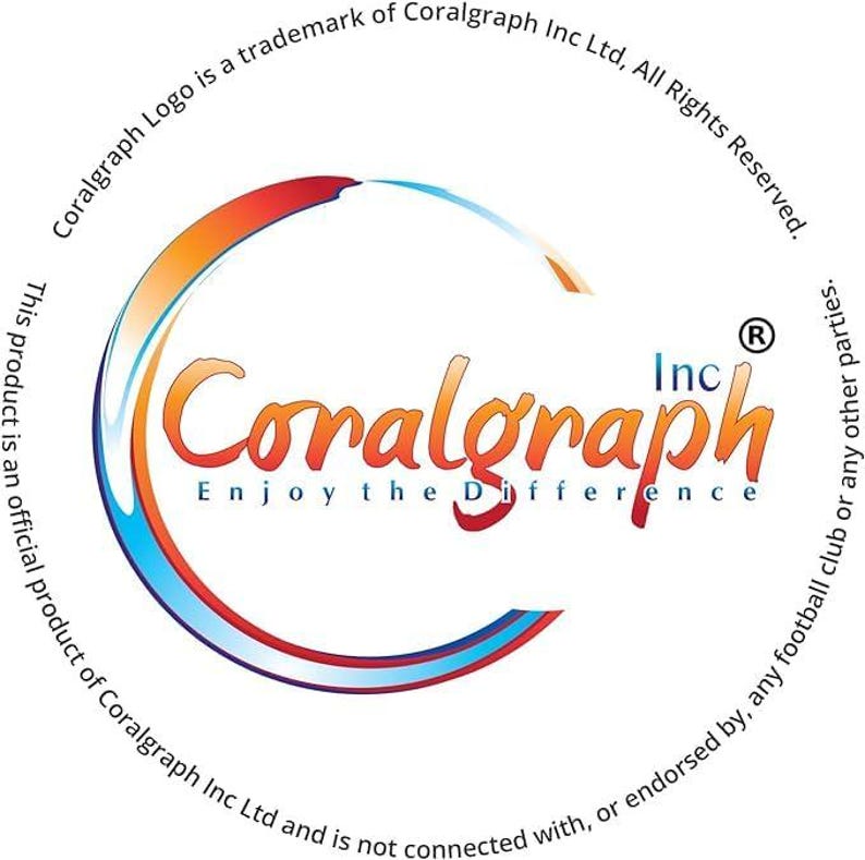 Puede incluir: Un logotipo blanco con el texto "Coralgraph Inc" en un dise&ntilde;o circular rojo, naranja y azul. El texto "Enjoy the Difference" est&aacute; debajo del logotipo. El texto "Coralgraph Logo is a trademark of Coralgraph Inc Ltd, All Rights Reserved. This product is an official product of Coralgraph Inc Ltd and is not connected with, or endorsed by, any football club or any other parties." est&aacute; alrededor del logotipo.