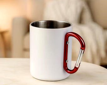 Taza de camping de acero inoxidable de 300 ml con asa de mosquetón – Taza de viaje ligera / Taza de café para exteriores, senderismo y picnic