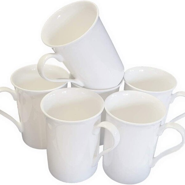 Set of 6 Fine Bone China Mugs Gift Boxed Glossy White Cups