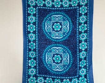 Vintage mid century tea towel 1970’s blue flower design.