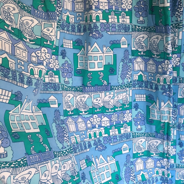 Vintage cotton childrens curtain fabric, blue and green scandi style.