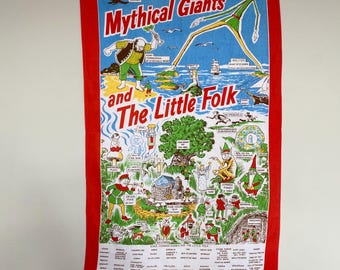 Vintage Pixies Elves Gnomes Tea Towel Fabric Wall Hanging.