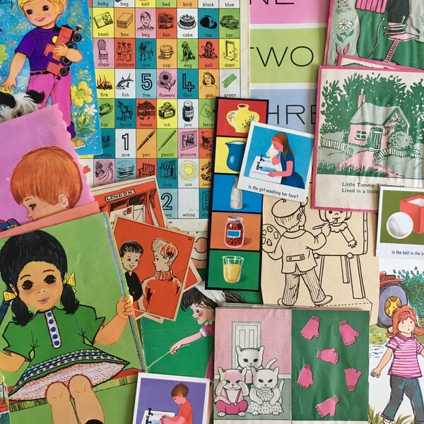 Vintage collage paper pack, children's book illustrations.