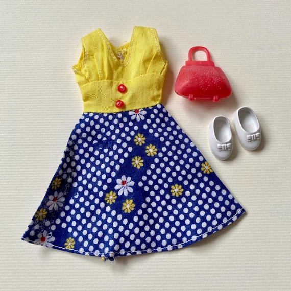 Vintage Sindy doll outfit, dress, shoes and handbag.