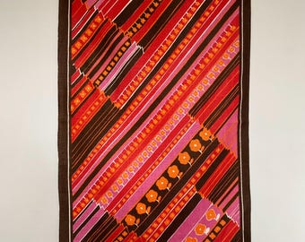 Vintage Old Bleach linen tea towel red orange flower stripe.